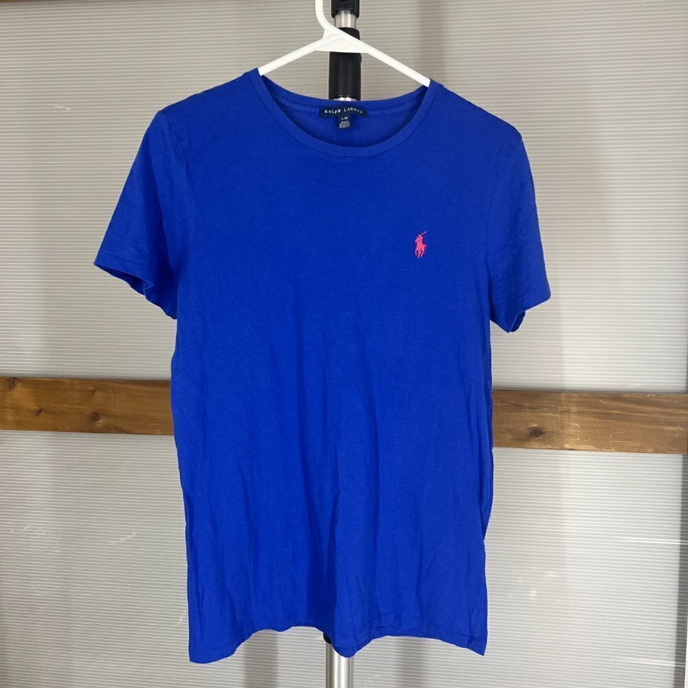 Ralph Lauren Blue Label Blue TShirt Pink Logo Sz M/L